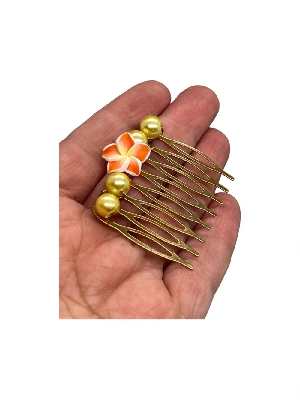 Gold Hair Comb with Orange Floral Accent and Pearls FINAL PRICE DROP